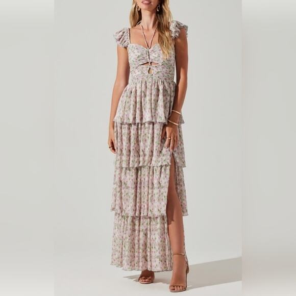 ASTR The Label Emmeline Pink Green Cutout Ruffle Floral Tiered Maxi Dress Sz XS - Picture 1 of 6